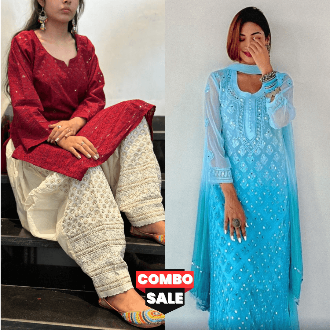 Combo 2 Sets : Aqua Blue Mirror Set and Maroon Kurti Chikankari Sequins Patiala Salwar Set - Inayakhan Shop 