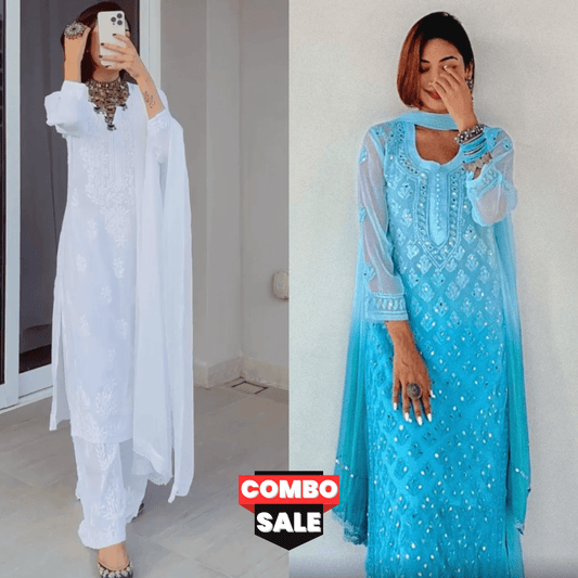 Combo Sets Aqua Blue Mirror Set and White Ethereal Modal Chikankari Kurta 3 pc Set