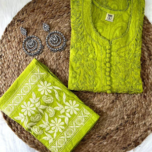 Parrot Green Cotton Chikankari Hand Work Kurti Suit Designs (New Color Shade)
