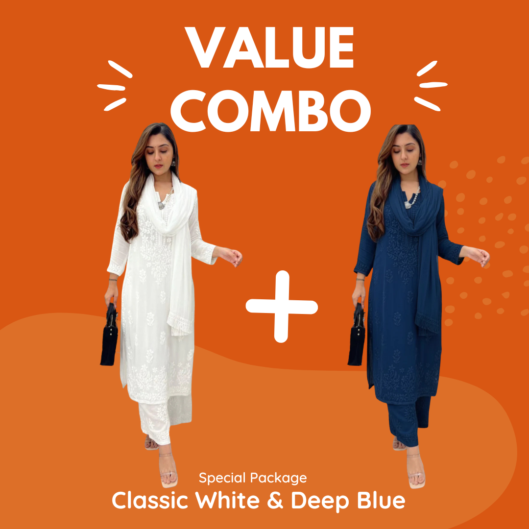 Value Combo Classic White and Deep Blue 3 pc Chikankari Sets