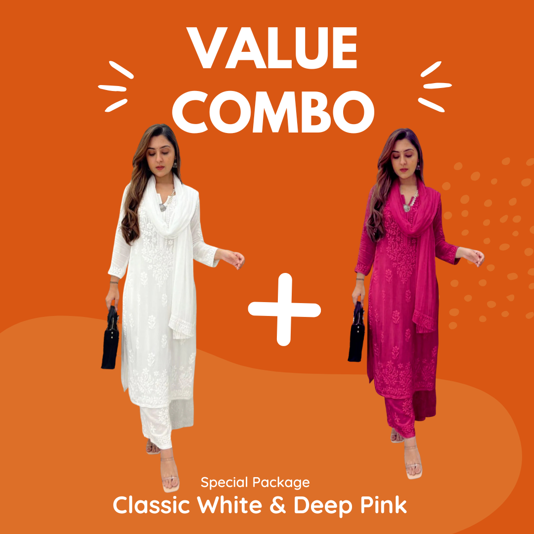 Value Combo Classic White and Deep Pink 3 pc Chikankari Sets