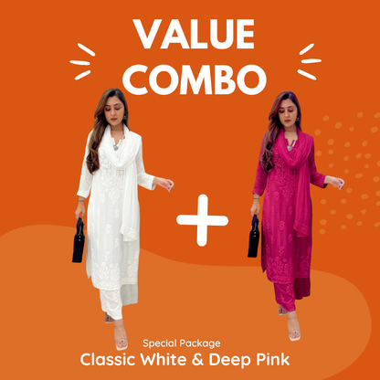Value Combo Classic White and Deep Pink 3 pc Chikankari Sets