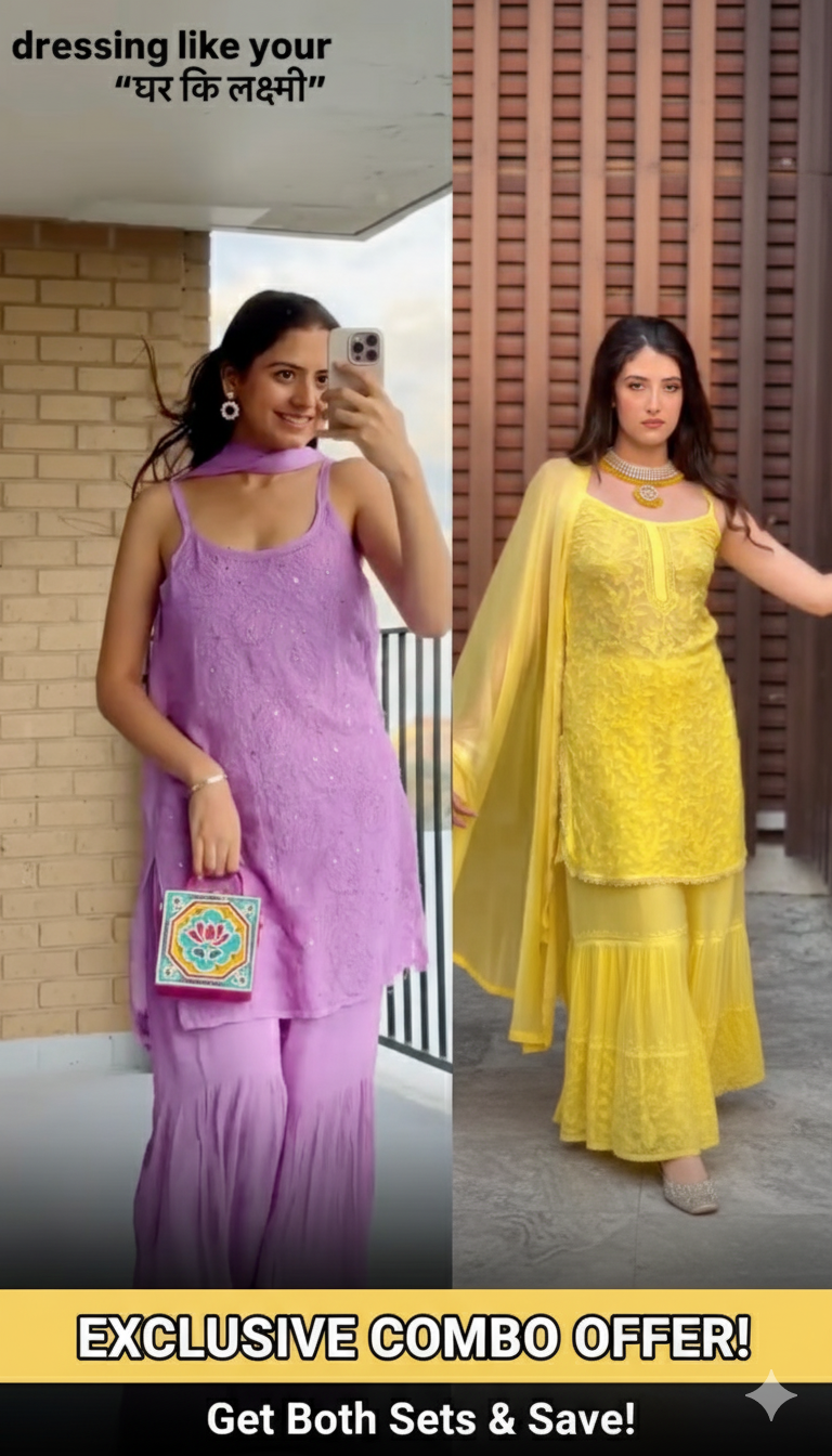 Lavendar and Yellow Value combo Handcrafted Lucknow Chikankari Strappy Gharara Set (New)