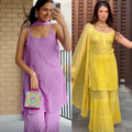 Lavendar and Yellow Value combo Handcrafted Lucknow Chikankari Strappy Gharara Set (New)