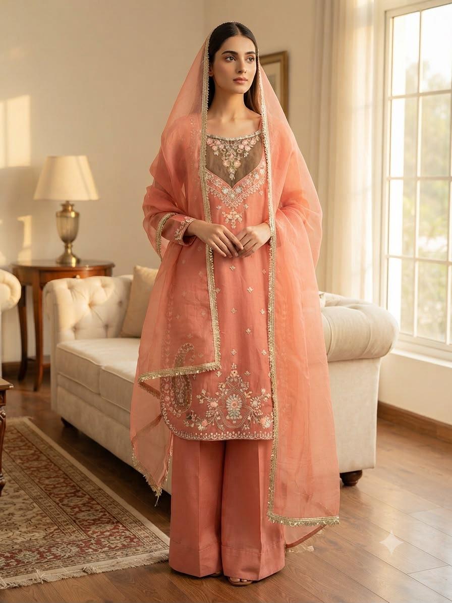 Coral peach embroidered palazzo suit set on model