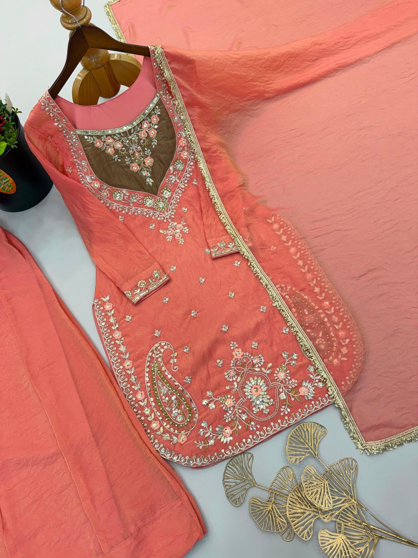 Coral peach embroidered palazzo suit with matching dupatta
