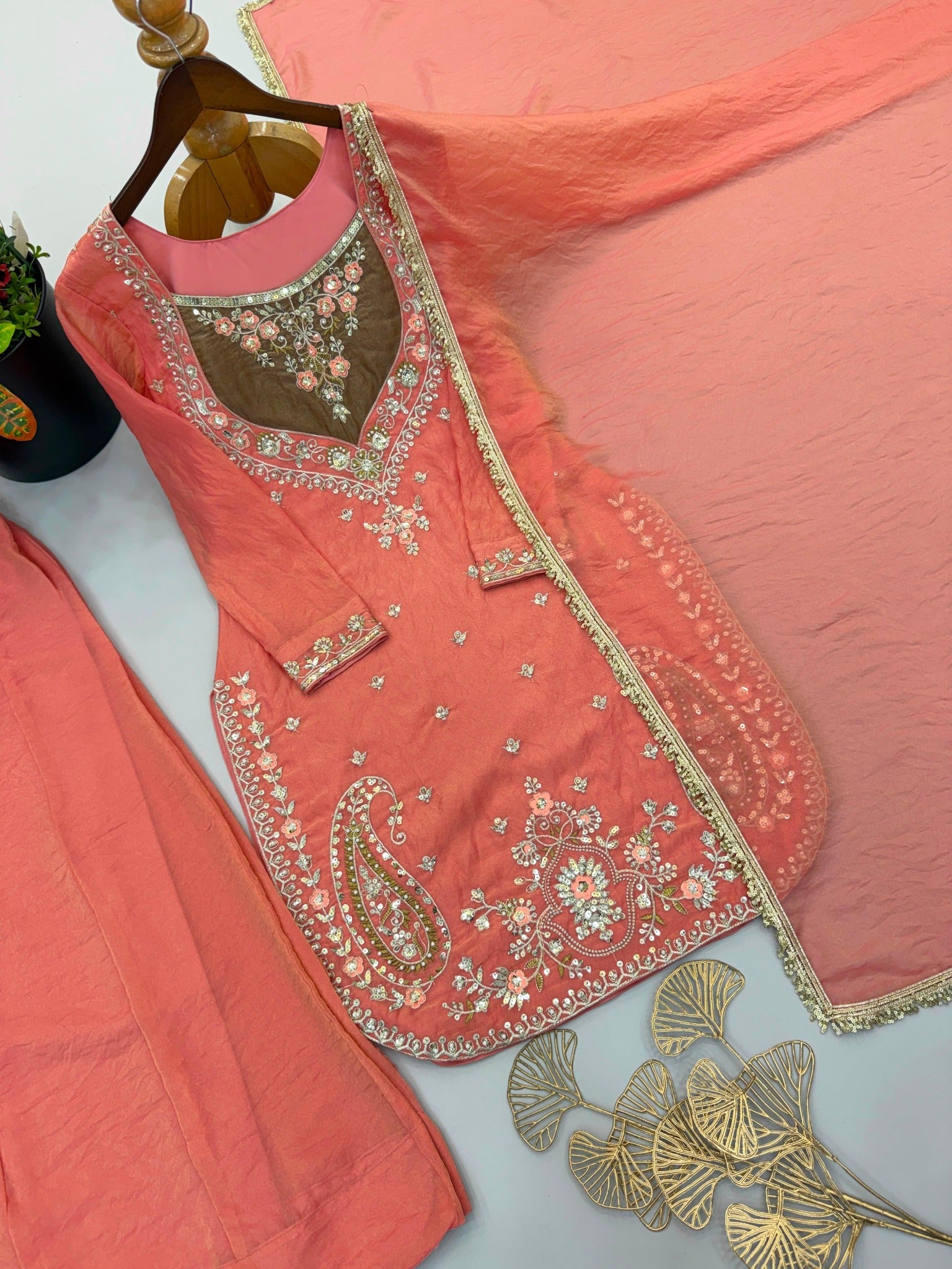 Coral peach embroidered palazzo suit with matching dupatta