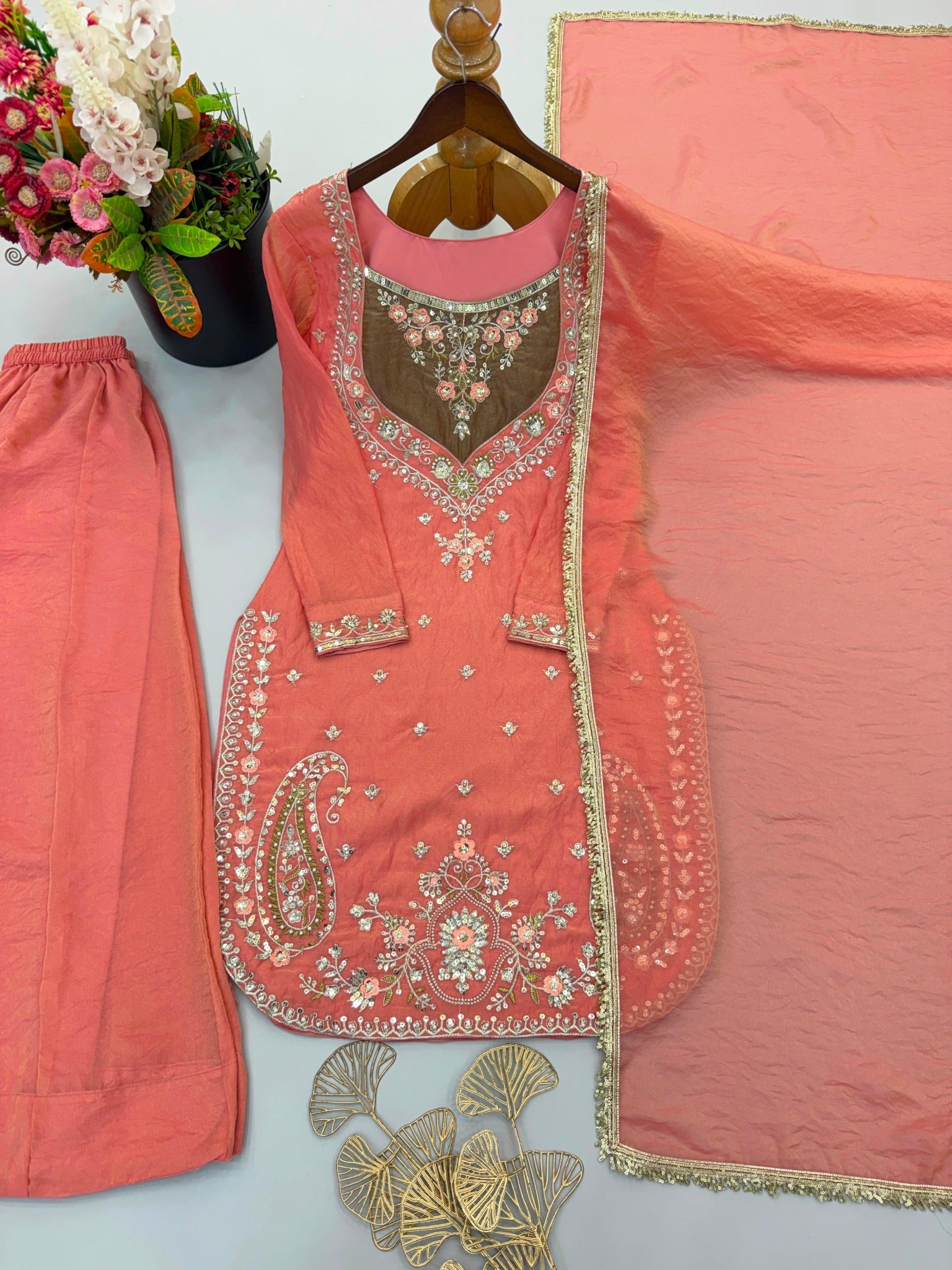 Coral peach embroidered top palazzo and dupatta three-piece set