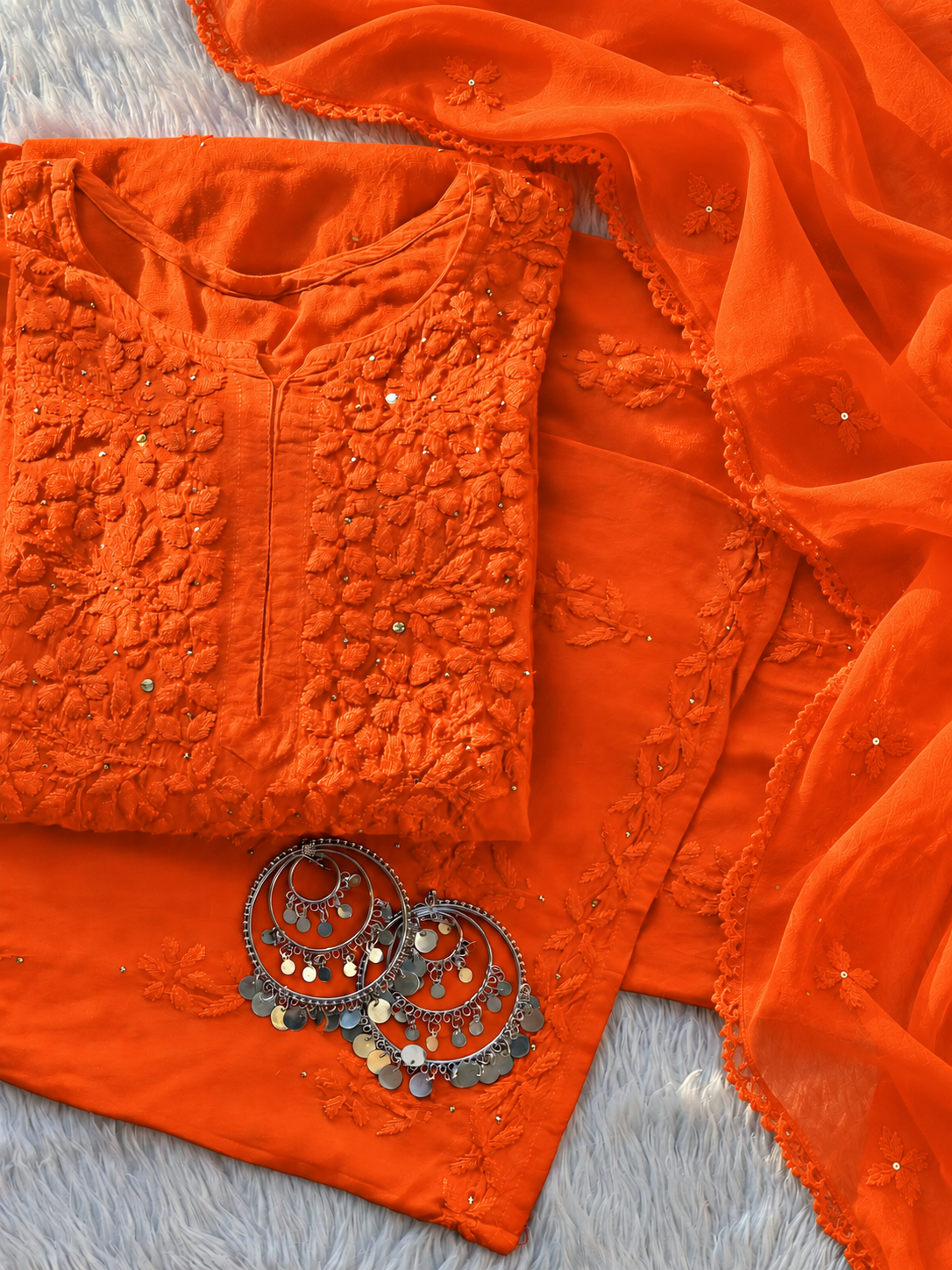 Cosmic Orange Lucknow Chikankari Kurti Palazzo Set with Mukaish Work (New)