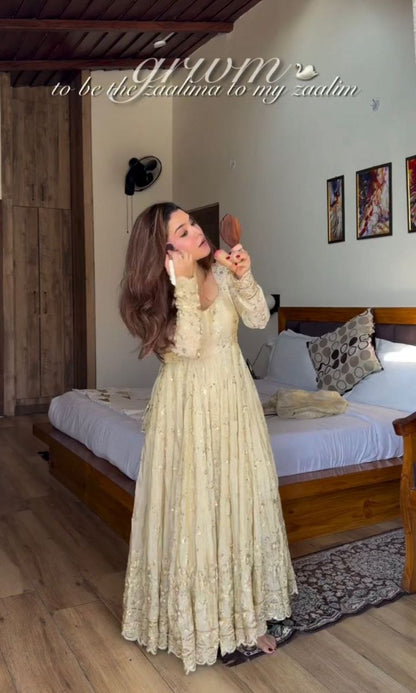 Cream ready to wear Cinon silk gown with dupatta