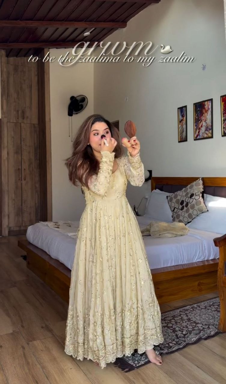 Cream Cinon silk gown with embroidered dupatta back view