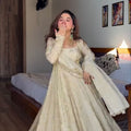 Cream Chinon Silk Gown Pant Dupatta Set with Sequence Embroidery