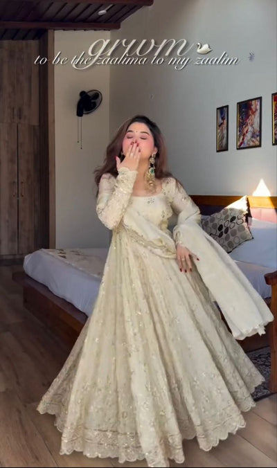 Cream Chinon Silk Gown Pant Dupatta Set with Sequence Embroidery