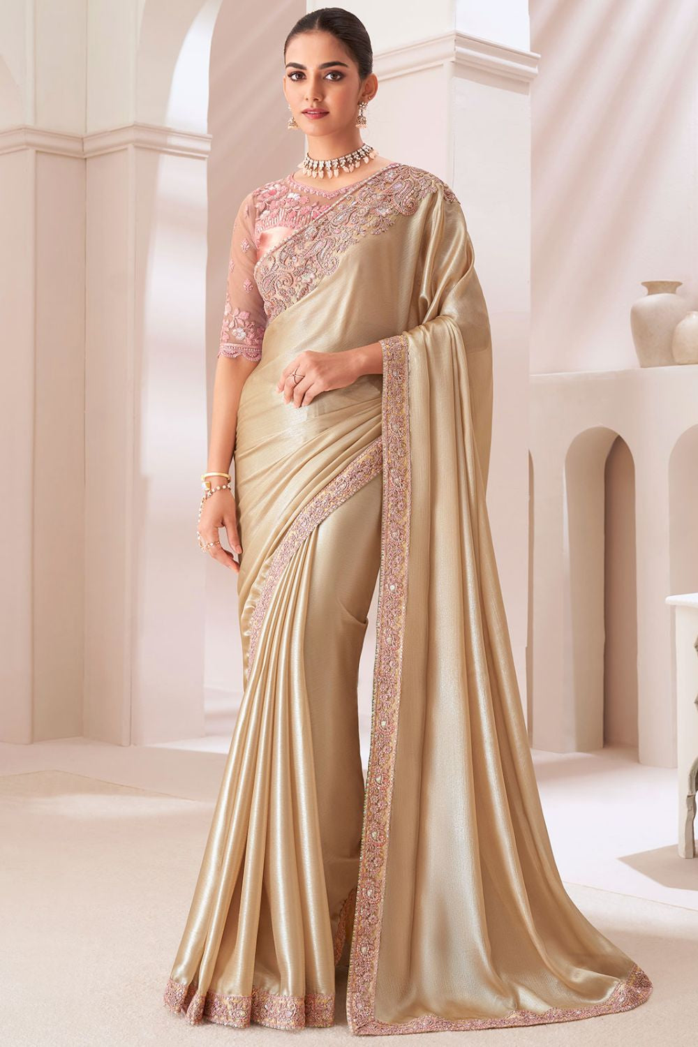 Cream Party Wear Chiffon Saree with Embroidered Satin Blouse