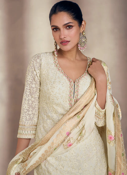 Exquisite Cream Hand Embroidered Georgette Sharara Suit with Zari Dupatta