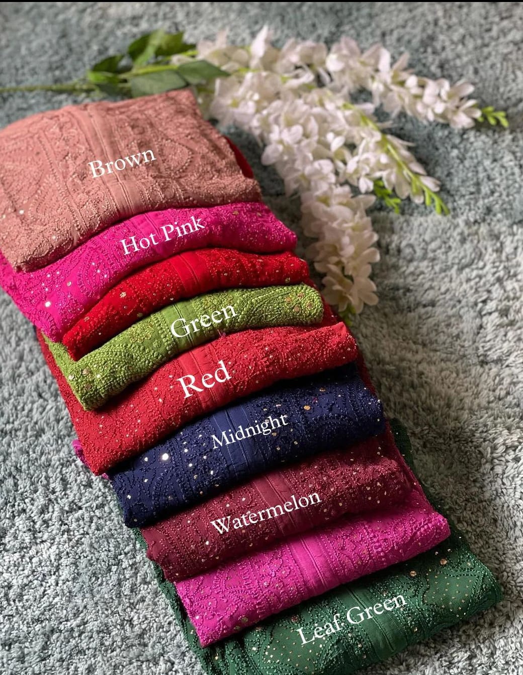 Custom Colors Lucknowi Chikankari Viscose Mukesh Jaal Work 3 PC Kurti Set