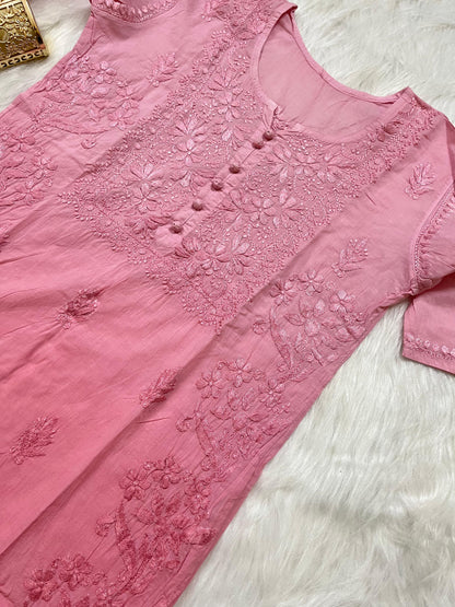 Dusty Pink Cotton Chikankari Hand Work Kurta Pant Suits