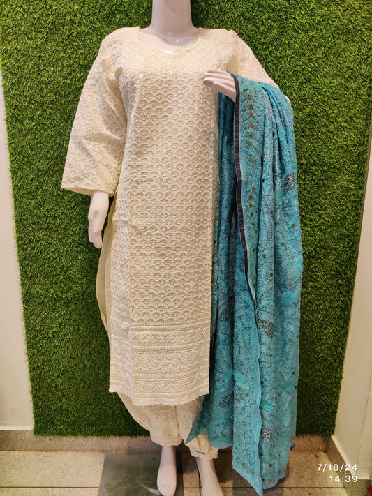 Design 7 - Chikankari Kurti with Chikan Afghani and Handworked Super Champ Raw Silk Handcrafted Dupatta