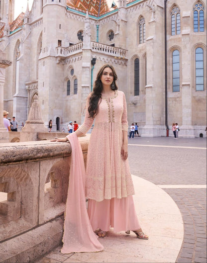 Pastel Pink Elegant Front Slit Chikan Work Salwar Kameez Suit with Dupatta