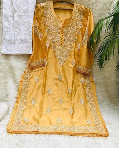 Yellow Handcrafted Resham Kurashiya Kurti & Lycra Chikankari Pants Set