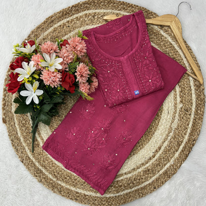 Dusty Pink Lucknowi Chikankari Mukesh Work Cotton Kurti & Palazzo Matching Co-ord Set ❤️