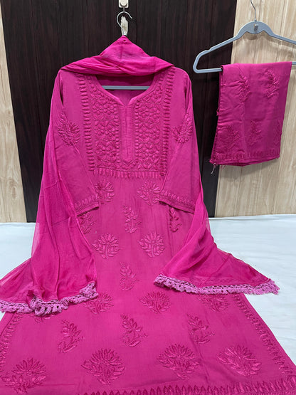 Rani Pink Elegant Lucknow Chikankari Handcrafted 3-Piece Rayon Kurti, Pallazo, and Dupatta Set