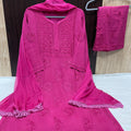 Rani Pink Elegant Lucknow Chikankari Handcrafted 3-Piece Rayon Kurti, Pallazo, and Dupatta Set