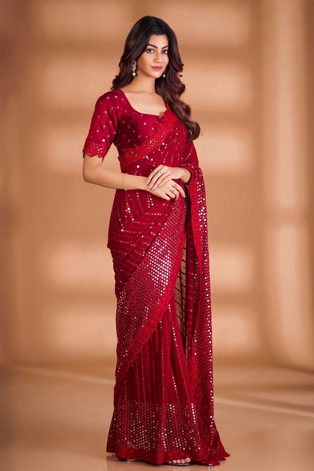 Celebrity inspired Heavy Georgette fabric with Beautiful Sequence and Embroidery work saree 2024 callection blouse also Sequence Embroidery work