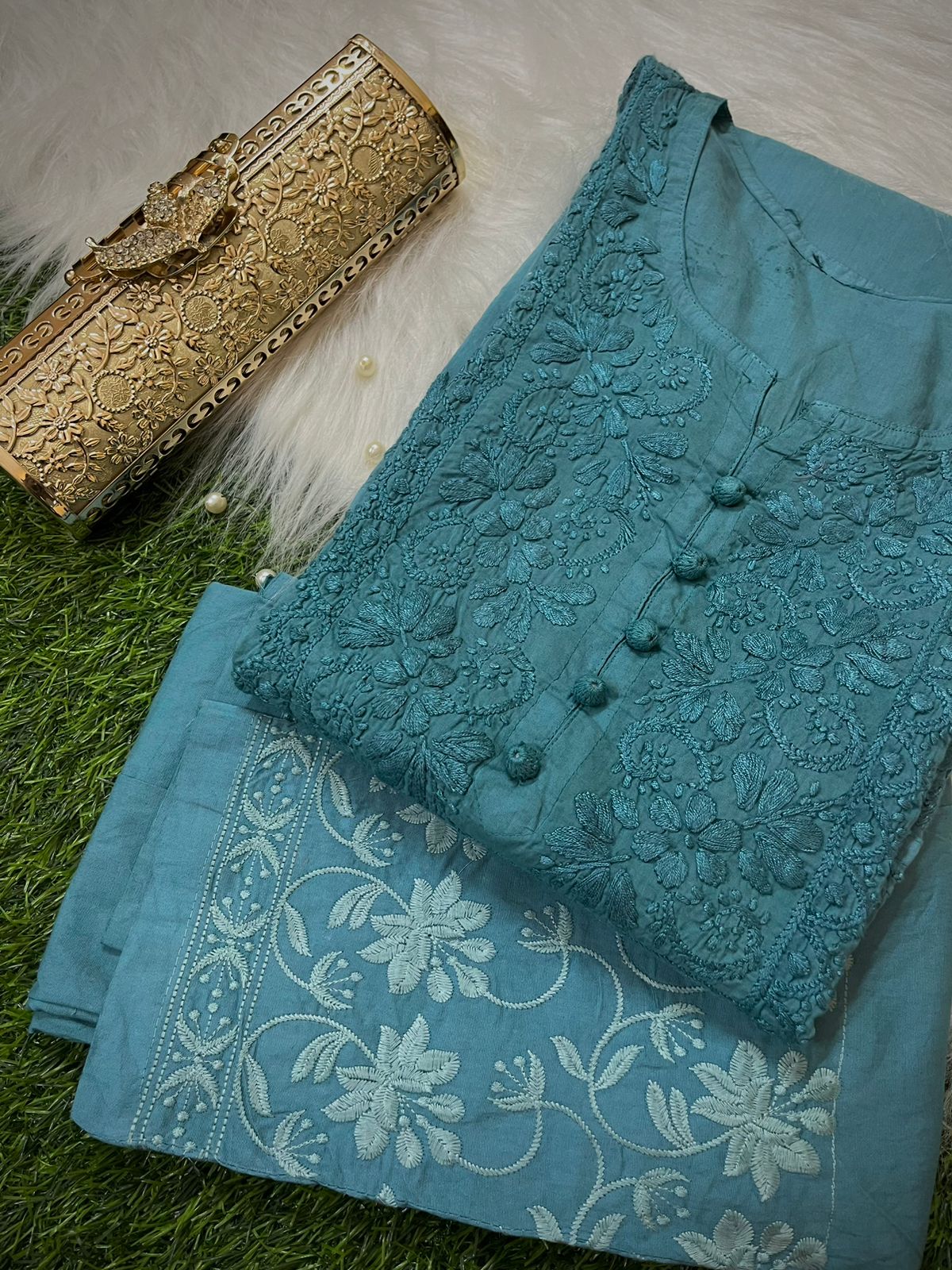 Green Cotton Chikankari Hand Work Kurta Pant Suits