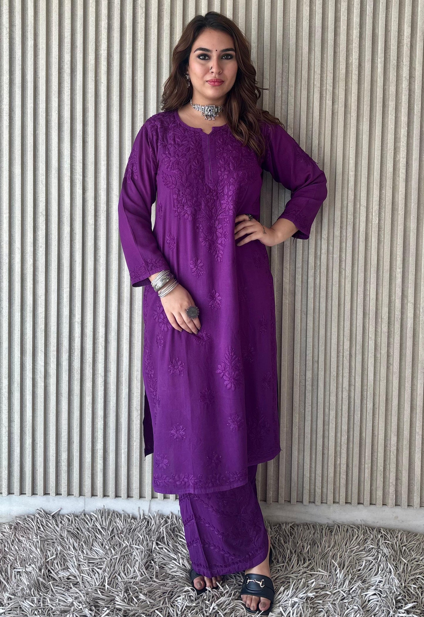 Dark Purple Lucknow Chikankari Rayon Kurta Palazzo Co-ord Set with Tone-to-Tone Hand Embroidery