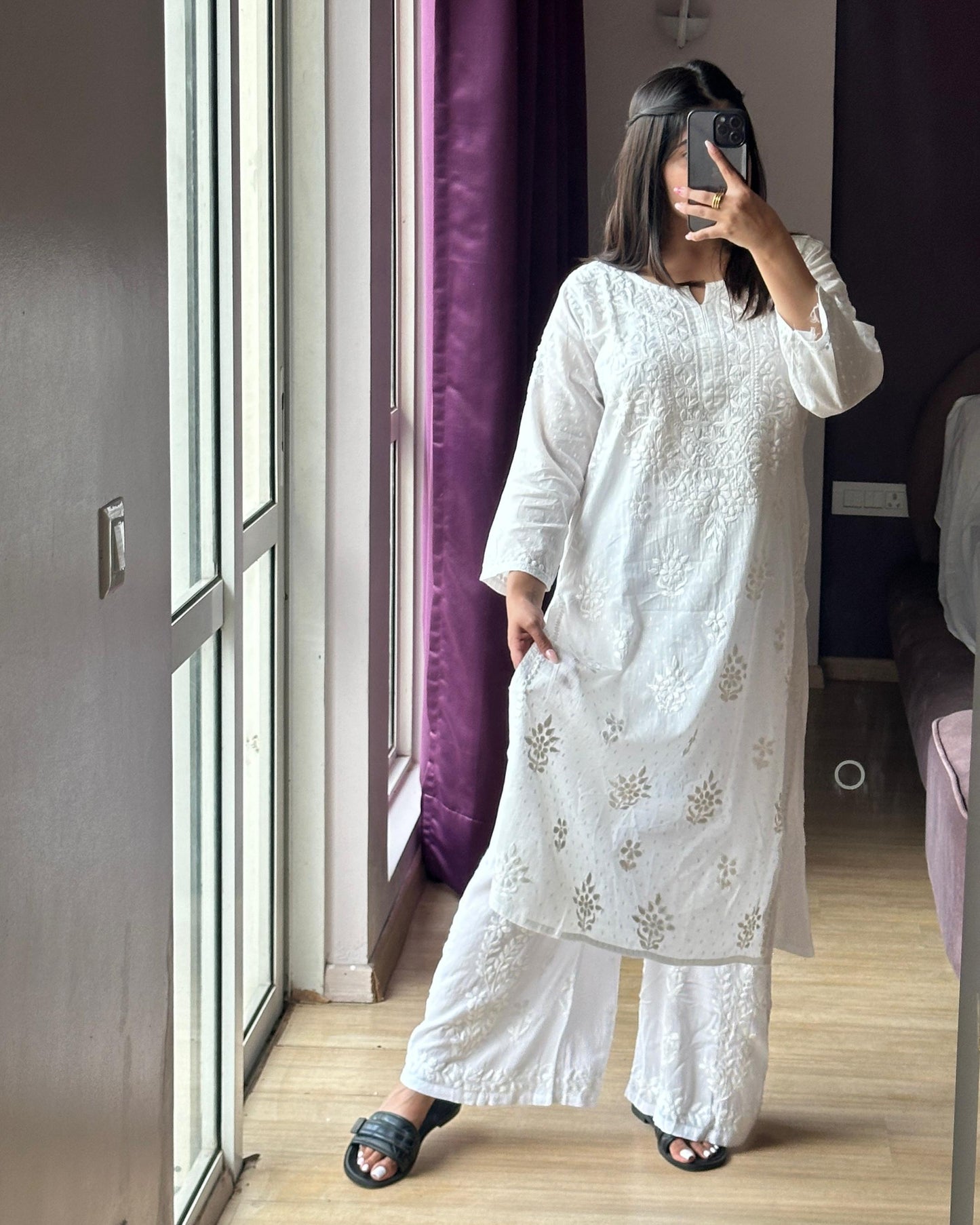 White Lucknowi Chikankari Dobby Cotton Dyed Kurta with Modal Palazzo