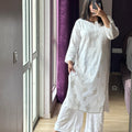 White Lucknowi Chikankari Dobby Cotton Dyed Kurta with Modal Palazzo
