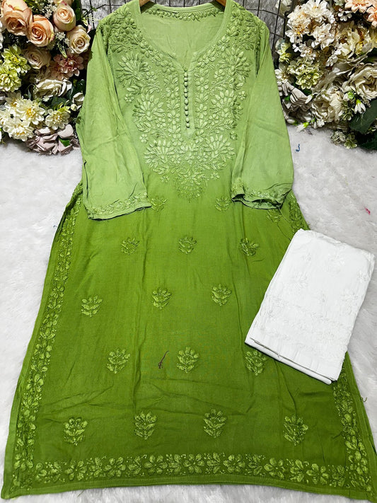 Green Rayon Fancy Gala Booti - Lucknowi Chikankari Kurta and Pant