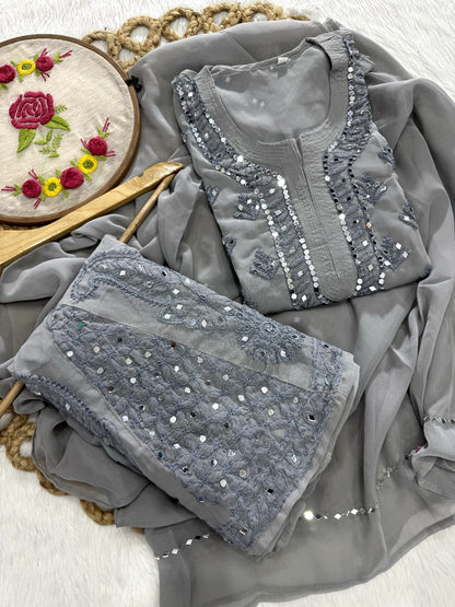 Grey Lucknow Chikankari Mirror Work 3-Piece Sharara Set