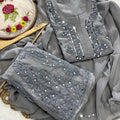 Grey Lucknow Chikankari Mirror Work 3-Piece Sharara Set
