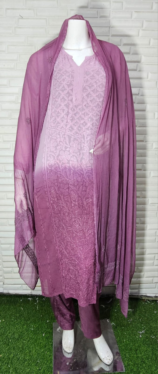 Ombre Wine Chikankari Pure Viscose Kurti 4-Piece Set