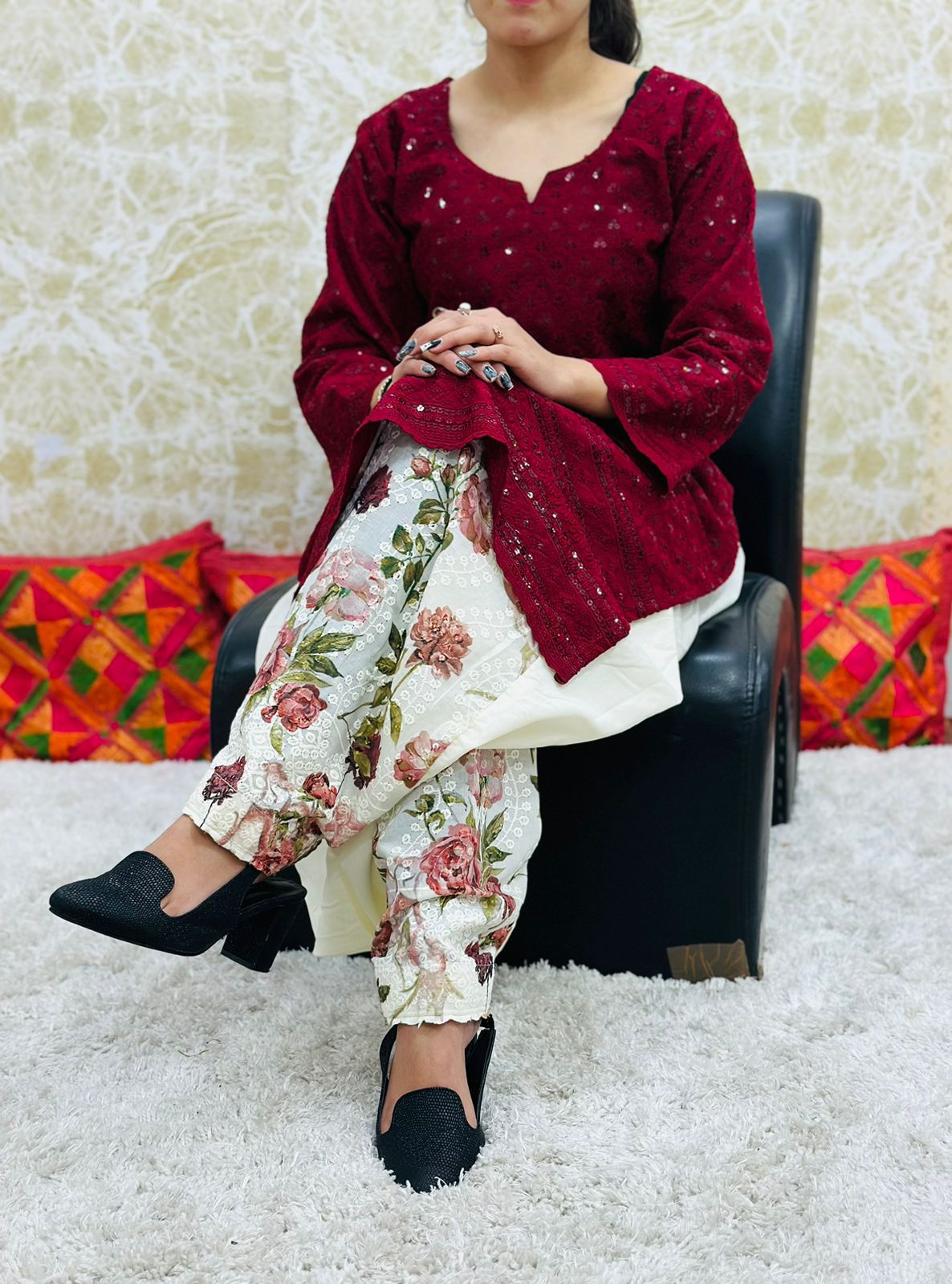 Maroon Chikan Kurti with Digital Patiala Salwar Set