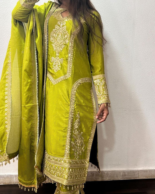 Green 🌟 Eid Special: Designer Chinon Silk Top, Plazzo & Dupatta Set 🌟