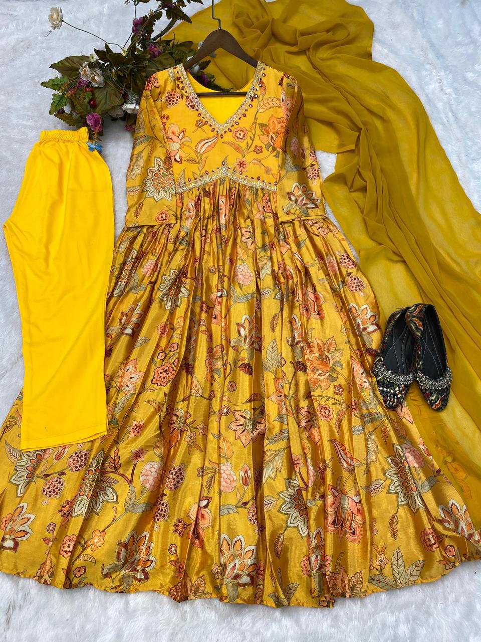 Mustard Trending Chinon Aliya Cut Suit with Sequins Embroidery and Printed Design