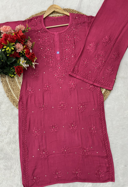 Dusty Pink Lucknowi Chikankari Mukesh Work Cotton Kurti & Palazzo Matching Co-ord Set ❤️