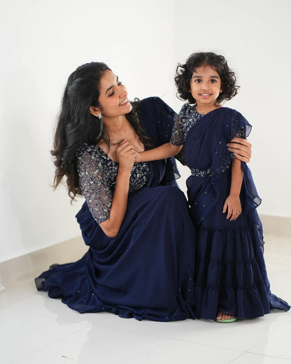 Mother-Daughter Designer Party Wear Lehenga Saree Combo in Navy and Wine