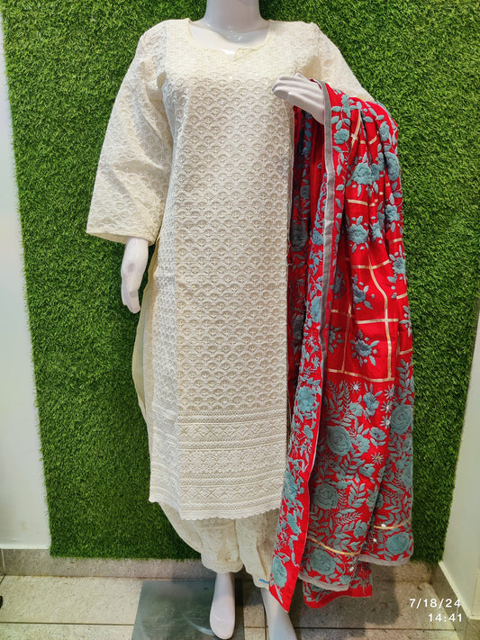 Design 8 - Chikankari Kurti with Chikan Afghani and Handworked Super Champ Raw Silk Handcrafted Dupatta