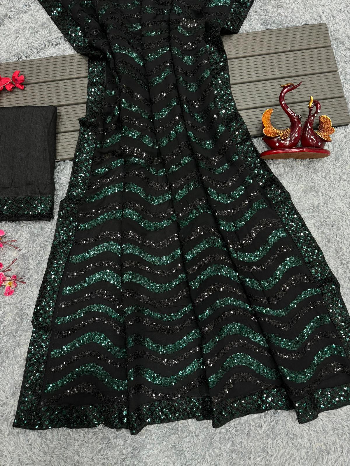 Green Black Sequins Saree in Dual Shades