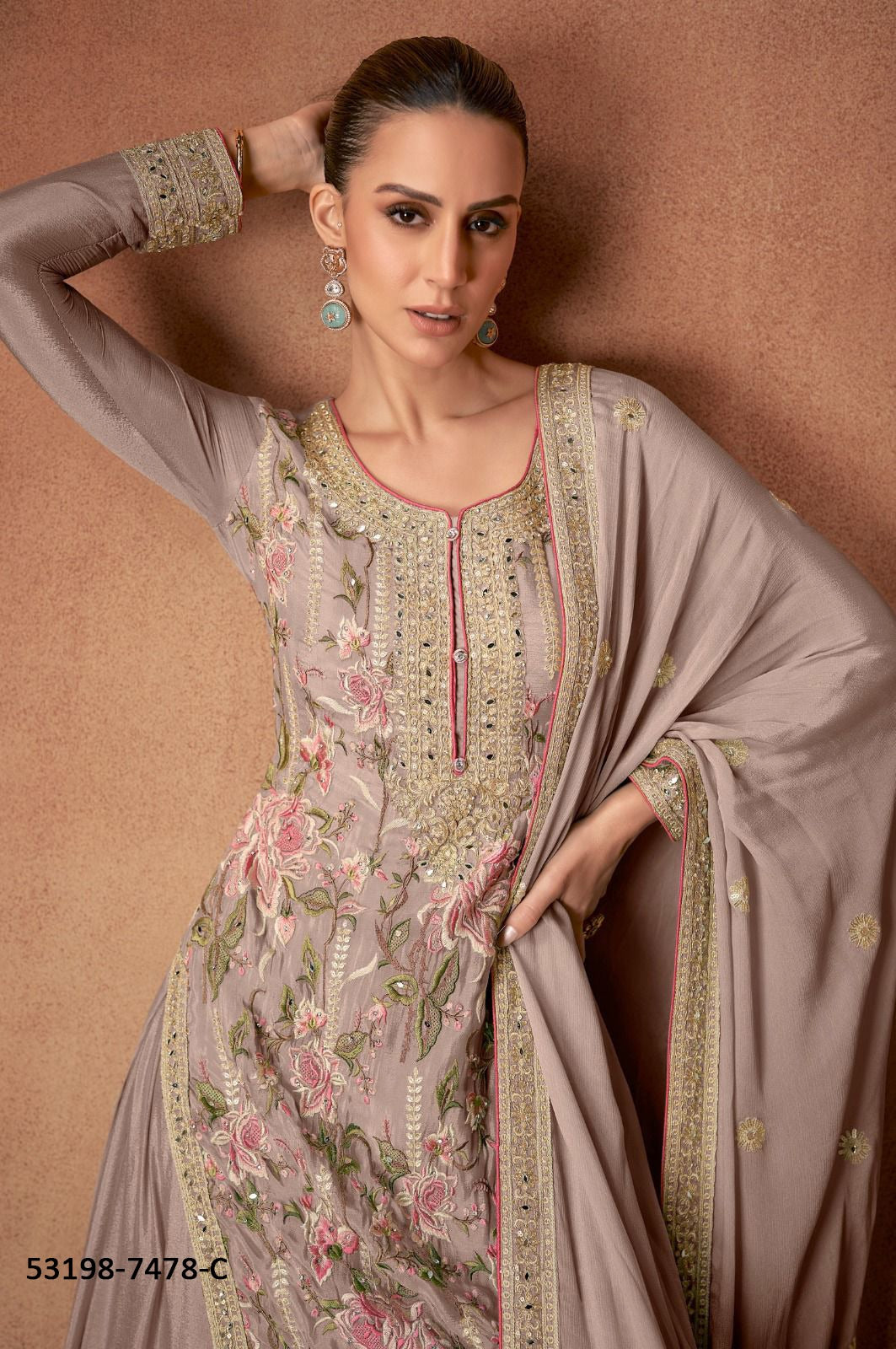 Mauve Elegant Chinon Party Wear Long Kurti Palazzo Suit with Dupatta