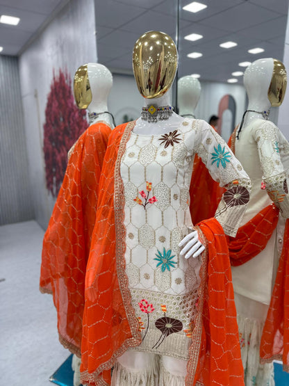 Ethereal White Georgette Sharara Set with Vibrant Orange Dupatta