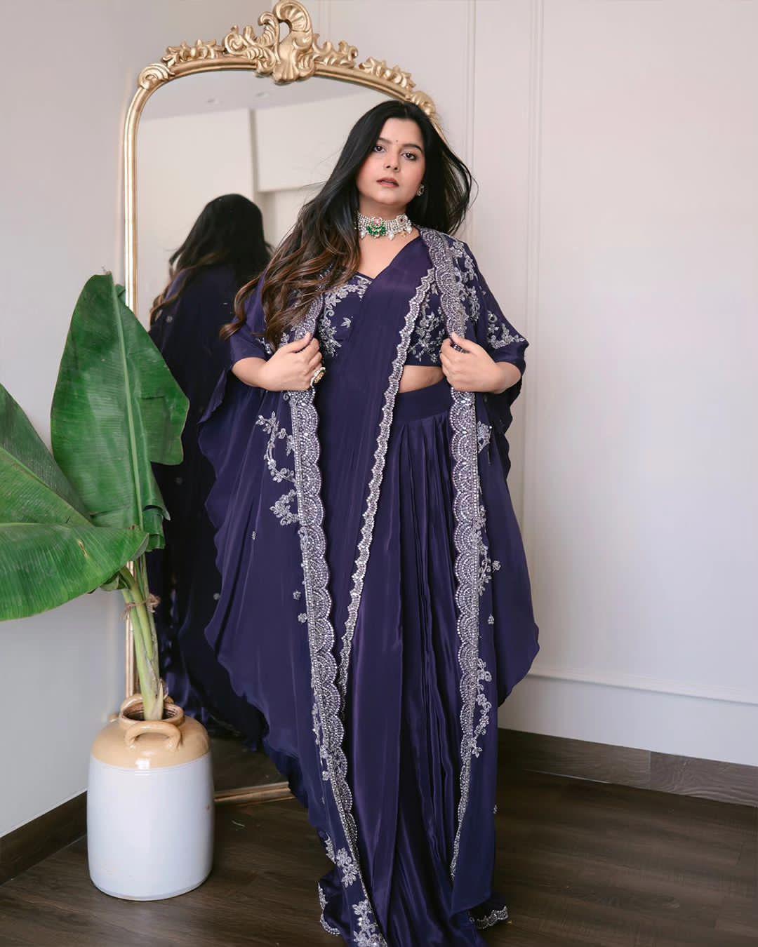 Purple Premium French Crepe Silk Pre-Draped Saree with Dori and Sequins Work