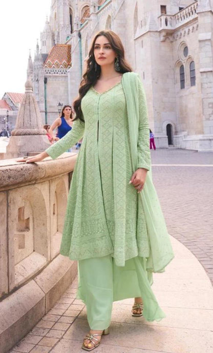 Pastel Green Elegant Front Slit Chikan Work Salwar Kameez Suit with Dupatta