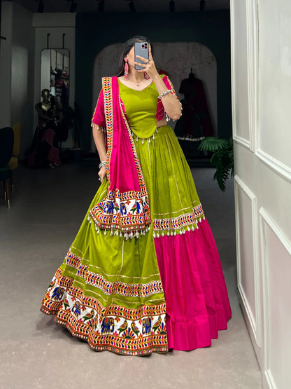 Green Pure Cotton Navratri Chaniya Choli with Gamthi and Gota Patti Work