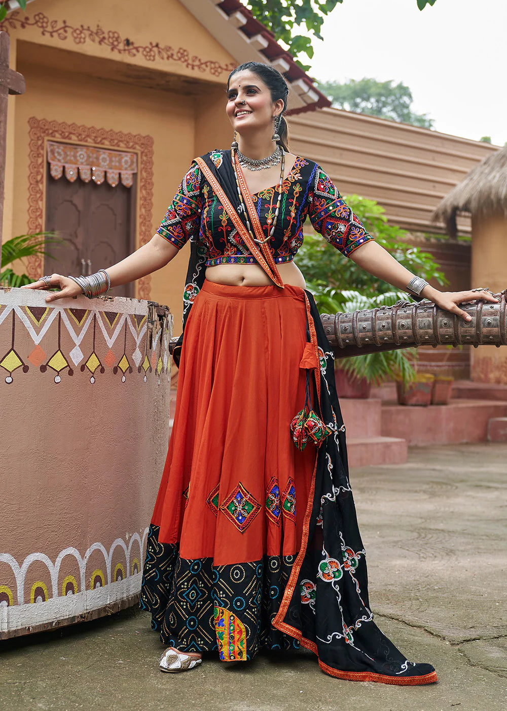 Brick Red and Black Viscose Rayon Navratri Garba Chaniya Choli with Dupatta