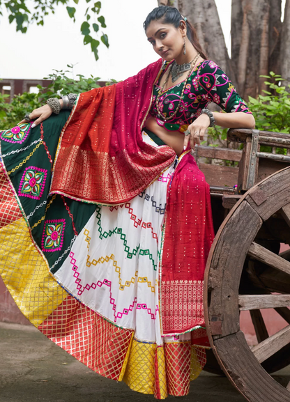 White and Green Viscose Rayon Navratri Garba Chaniya Choli with Cotton Dupatta